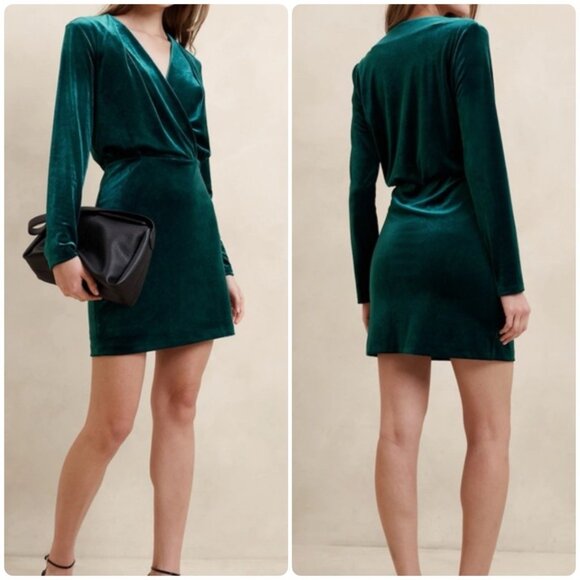 Banana Republic emerald green velvet long sleeve wrap dress Holiday Cocktail - Picture 1 of 8